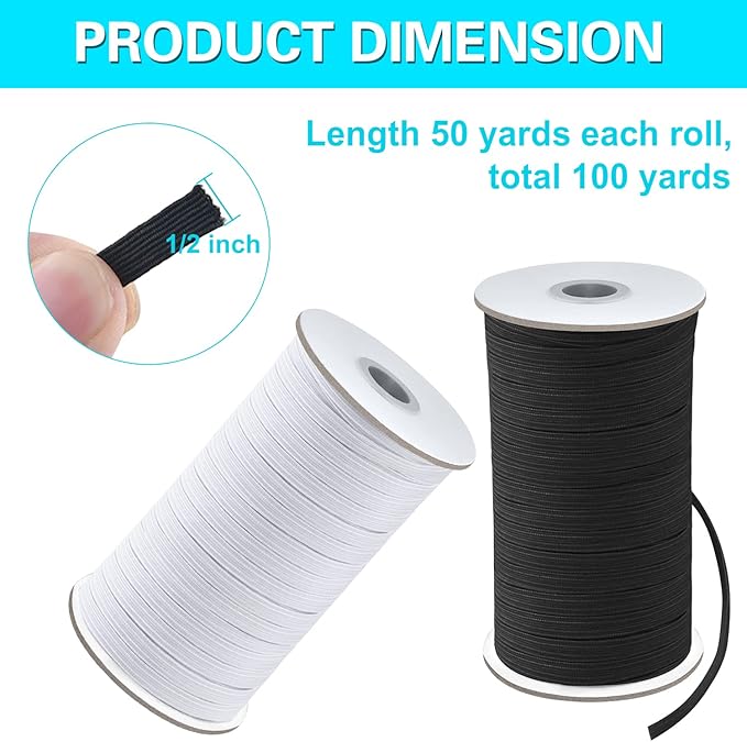 Coopay 100 Yards Length 1/2" Width Elastic Bands Flat Elastic Cord Rope Heavy Stretch Spool Knit for Sewing DIY Projects, Arts & Crafts, 2 Rolls, 50 Yards/Roll (Black and White, 1/2 Inch)