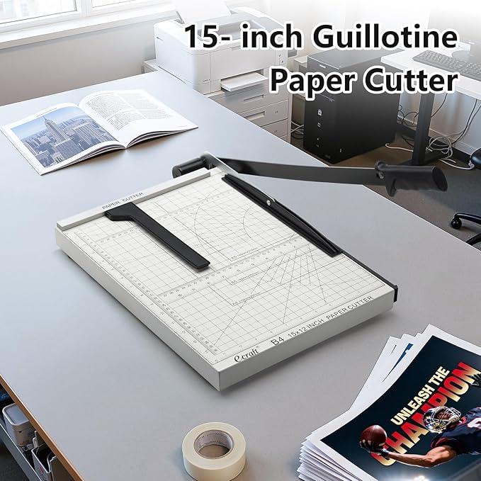 Ecraft 15" Guillotine Paper Cutter : Heavy-Duty Steel Base, 15-Sheet Capacity, Automatic Clamp, Safety Lock & Magnetic Guide - Precision Paper Trimmer for Office and Crafts
