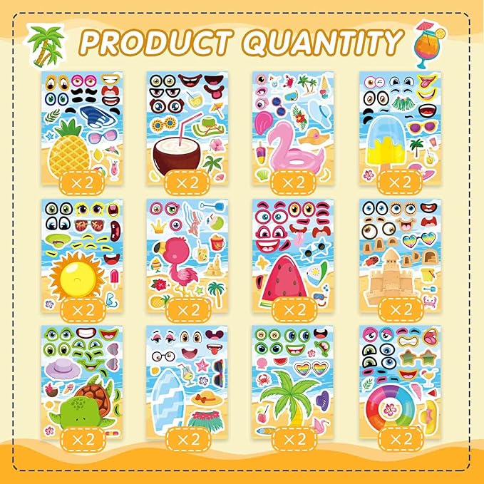 24 Sheets Summer Stickers for Kids, Make a Face Sticker Hawaii Tropical Pool Beach Stickers, Make Your Own Watermelon Pineapple Flamingo Sticker for Tropical Luau Party, Summer Holiday Party Favors