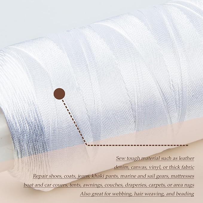 4Pcs White Nylon Thread for Sewing,210d/3 Upholstery Thread Heavy Duty,4 Cone of 1500 Yards Each Leather, Weave Needle,Serger Overlock Machine for Sewing Hair
