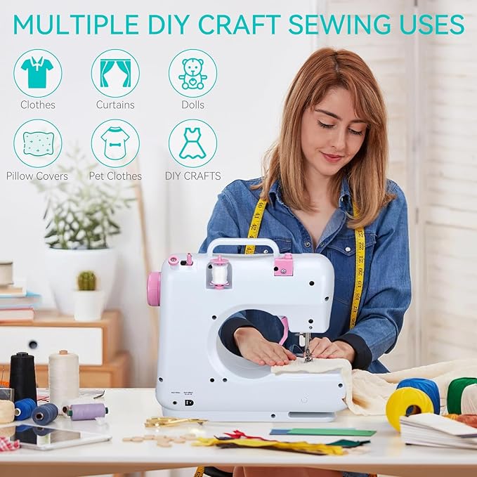 Mini Sewing Machine for Beginners, Portable Electric Sewing Machine with Dual Speed, 12 Built-in Stitches, Foot Pedal, and Accessories Kit for Home DIY Projects & Gift, Pink