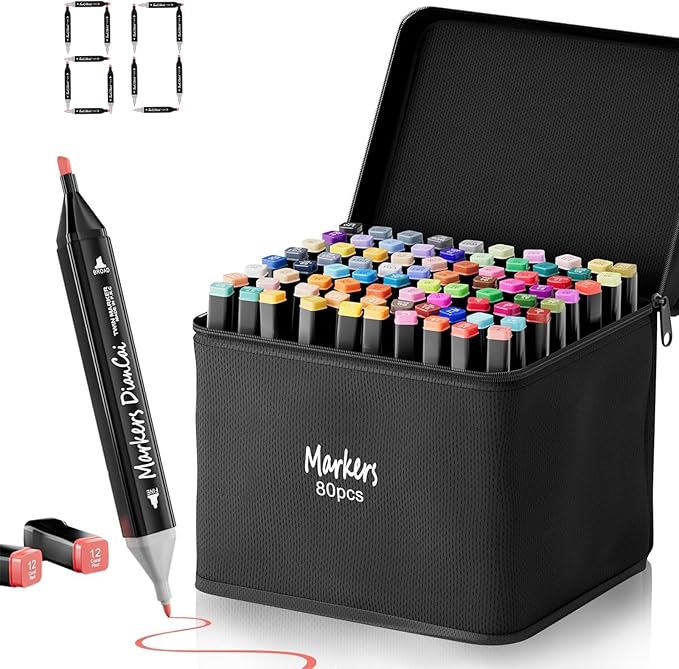 wyewye Alcohol Markers Set 80 Colors Dual Tip Permanent Art Markers with Brush Tip & Chisel Tips for Artists, Painting School Supplies Sketch Drawing Marker for Adults Drawing and Coloring