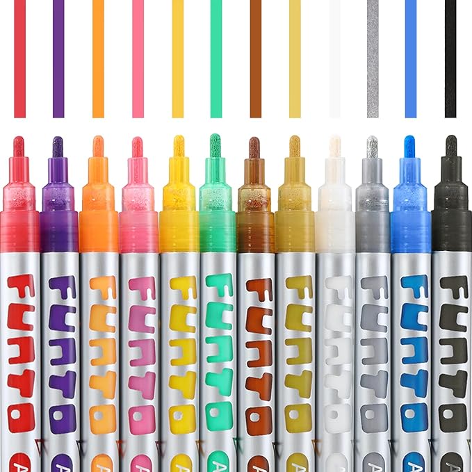 Funto Acrylic Paint Pens for Rock Painting, Fabric, Wood, Canvas, Metal, Ceramic, Glass, 12 Colors Paint Marker Set, Non-Toxic, Quick Drying