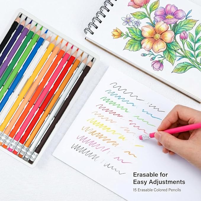 Pre-sharpened Colored Pencils with Erasers, Erasable Color Pencils, Drawing Pencil, Art Pencil for School Supplies, Drawing Supplies (15 Colors)