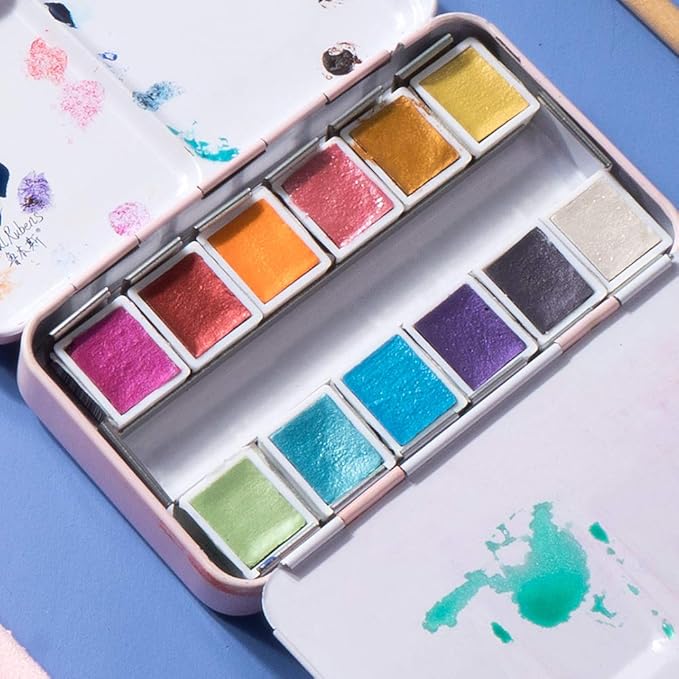 Paul Rubens Watercolor Paint Artist Grade 12 Colors, Metallic Glitter Watercolor Paints Set Solid Cakes with Palette and 100% Cotton Hot Press Watercolor Journal for Artists Painters