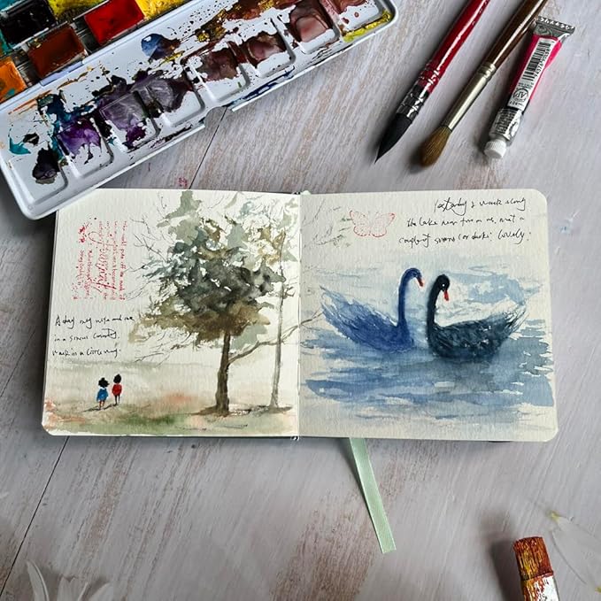 tumuarta Watercolor Journal, 3.5x5.5”, 140 LB, 300 GSM, Cotton Paper, Cold Press, 24 Sheets, 48 Pages, Watercolor Sketchbooks for Use As Travel Notebook Mixed Media Pad On The Go