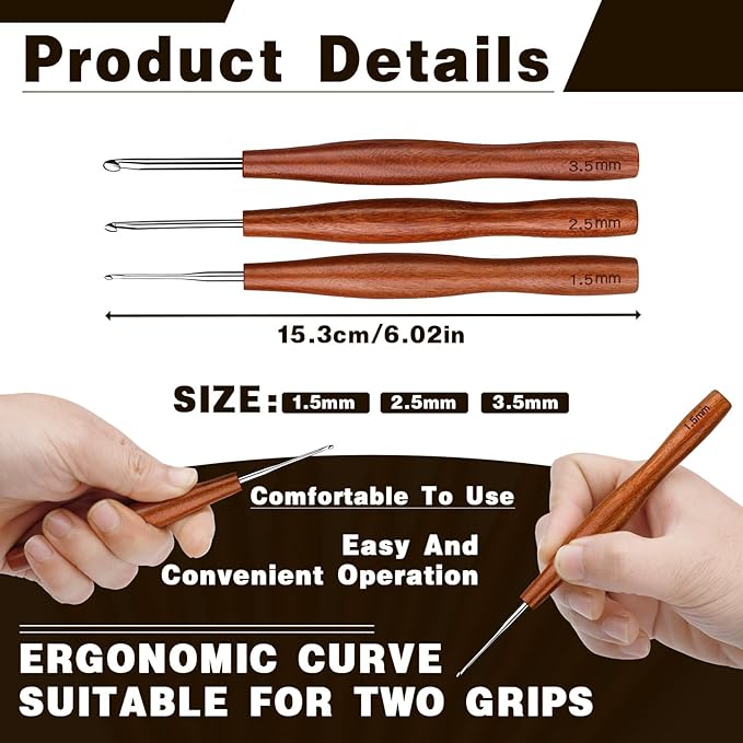 Nitlak 3 Pcs Crochet Hook, 3 Size Aluminum Ergonomic Crochet Hook with Wooden Handle for Arthritic Hands, Beginners, Crochet Needles for Knitting (1.5mm/2.5mm/3.5mm)