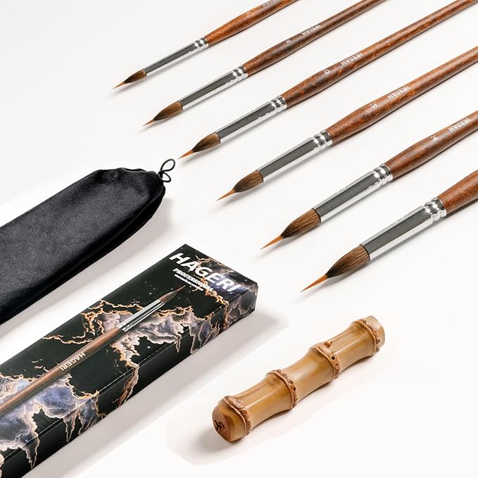 Watercolor Brushes Professional, Hageri 6Pcs Extended Needle Point Brushes for Fine Detailing Art, Synthetic Extra Long Pinhead Brush with Sable Body for Watercolor Acrylic Gouache Inks Painting
