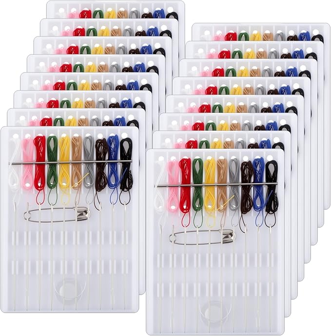 MAQUITA 48 Boxes Mini Quick Fix Sewing Kit Easy Pre Threaded Needle Basic Personal Kit Plastic Threaded Needle Holder Small Home Travel Sewing Box with Pin Button