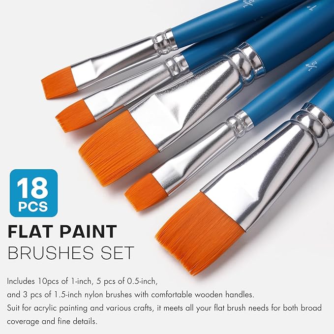 Flat Paint Brushes for Acrylic Painting, Golden Maple 18 PCS Paint Brushes for Acrylic Painting Oil Watercolor & Canvas, Incluing 3pcs 1.5inch, 5pcs 1inch, 10pcs 1 inch Flat Brushes