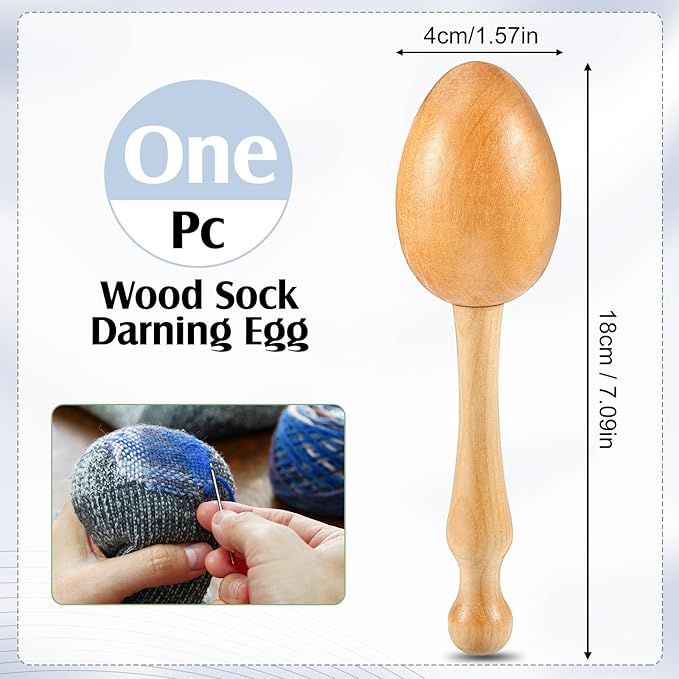 Jexine Darning Egg for Socks Wooden Darning Supplies Kit with 9 Large Eye Needles 16 Colors Sewing Threads for Socks Clothes Adults Darner DIY Handicraft Home Sewing Care(Grey Blue)