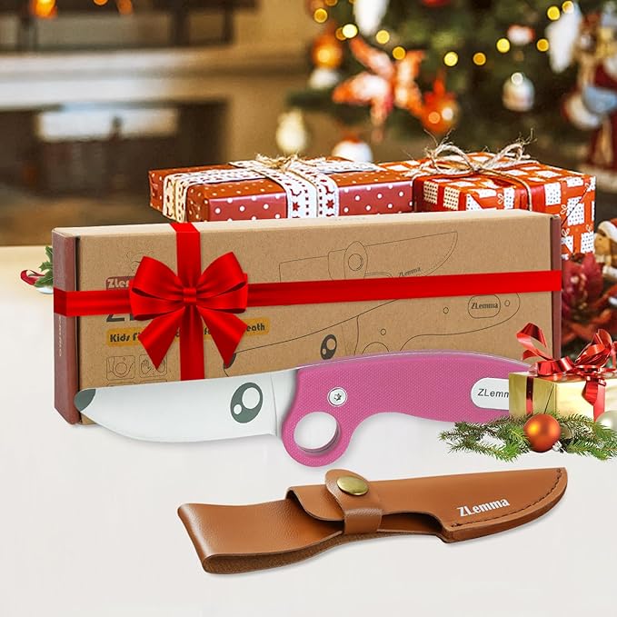 Kids Knife Boy Scout Knife with Educational Ring & Sheath & Rounded Tip - Whittling Knife Pink G10 Handle for Boys/Girls First Сamping Cutting