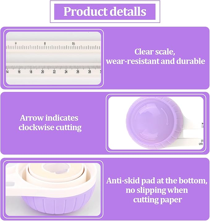 Circle Paper Cutters，Adjustable Rotary Circle Cutter，Circular Cardboard Circle Cutter with 3 Replaceable Blades, Trimmer Scrapbooking Tools，DIY Craft Cutting Tools Purple