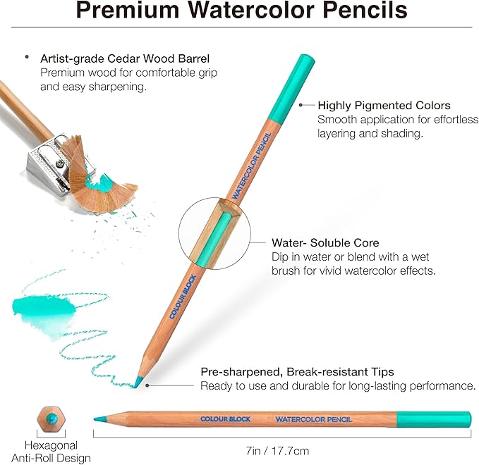 COLOUR BLOCK Watercolor Pencil Travel Art Set I 34pc Professional Drawing Kit, 50Sheets Drawing Pad, Paint Brushes I Vibrant Pigments for Coloring, Blending