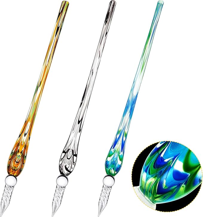 Zonon 3 Pieces Handmade Glass Dip Pen Christmas High Borosilicate Crystal Calligraphy Glass Pen Signature for Artist Women Men Teens Writing Drawing Decoration Gifts(Dark Green, Vintage Green, Black)