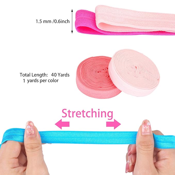 WILLBOND 40 Yards Fold over Elastic Solid Color Trim Elastic 40 Colors Ribbon Sewing Stretch Ribbon Band for Hair Bow DIY Craft Hair Ties Headbands(Multicolor)