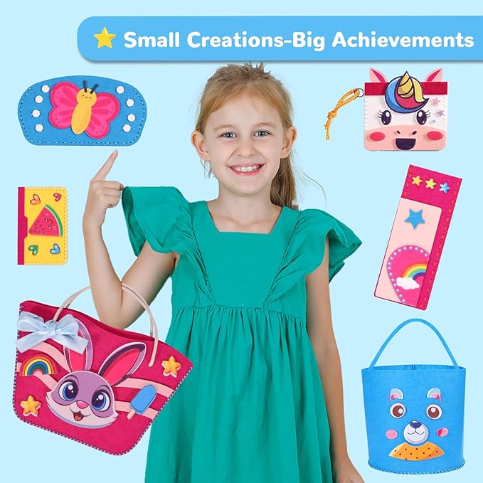 MGparty Sewing Kit for Kids, DIY Beginner Sewing Kit with 7 Cute Cartoon Bags Purses to Make Unicorn, Bunny, Bear, Rainbow Crafts for Girls Boys Educational Sewing Toy Gift