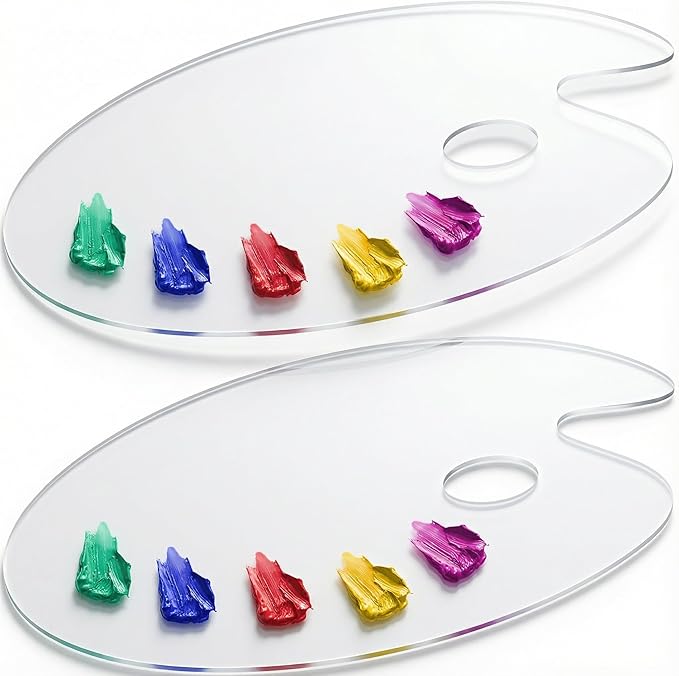 Acrylic Paint Palette 2pcs 11.8 x 7.9 inches with Thumb Hole by DUGATO, Clear Oval-Shaped Non-Stick Acrylic Oil Paint Mixing Tray- Comfortable to Hold & Easy to Clean - for DIY Art Painting Plate
