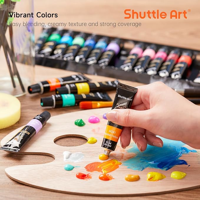 Shuttle Art Acrylic Paint Set, 30 x12ml Tubes Artist Quality Non Toxic Rich Pigments Colors Great for Kids Adults Professional Painting on Rocks Canvas Wood Clay Fabric Ceramic Crafts