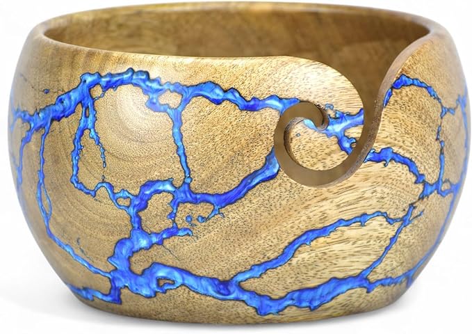 Large Yarn Bowl for Crocheting, Indian Rosewood Knitting Wooden Large Yarn Bowl Holder, Handmade Crocheting String Storage Holder, Knitting Crochet Accessories. (Lite Yellow + Blue Resin)