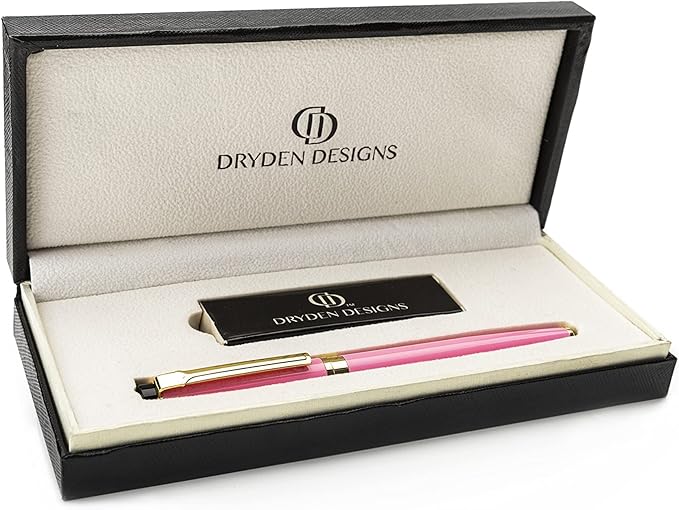 Dryden Designs Fountain Pen. Medium Nib Premium Box | 6 Ink Cartridges Included (Luscious Pink)
