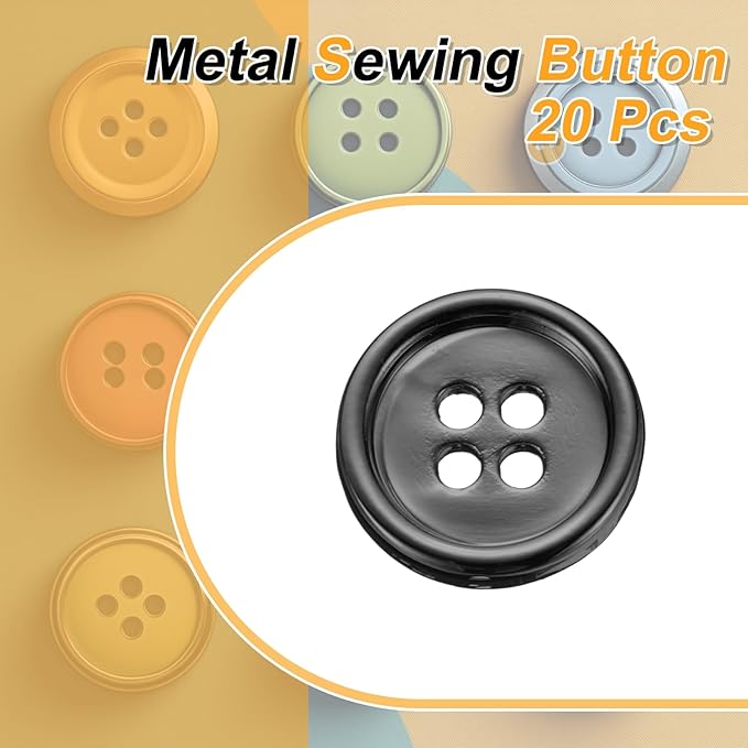HARFINGTON 20pcs Metal Sewing Button, 15mm 4-Hole Round Suit Shirts Coats Clothes Sewing Buttons for Decoration Craft, Gunmetal