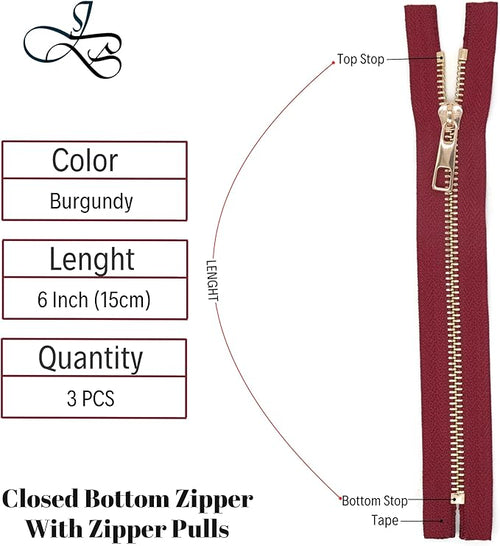 #5 Gold Metal Zipper - 50+ Colors - 3 PCS - (4-14 inches) Sizes - Luxury Lightweight Handcraft Metal Zippers with pulls for Purses Bags Pockets Shoes Sewing & Crafts DIY ZP02186