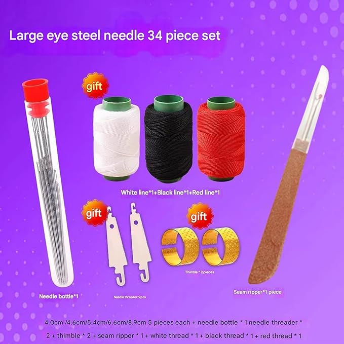 Big Eye Steel Sewing Needles Kit, Stainless Steel Needles for Hand Sewing, Portable Sewing Needles Large Eye Hand Sewing, Needles Thread Hand Repair Tools for Beginners & Daily Use (Style B (5lines))