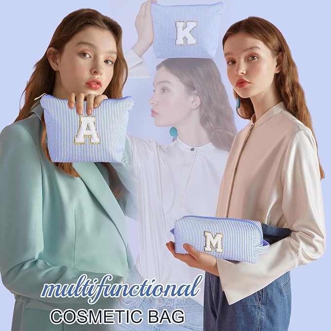 YOOLIFE Personalized Makeup Bag for Women - Monogram Cosmetic Bags Travel Toiletry Bag Brush Holder Birthday Gifts for Women Her Wedding Bridesmaid Friend Sister Teacher Wife Blue S
