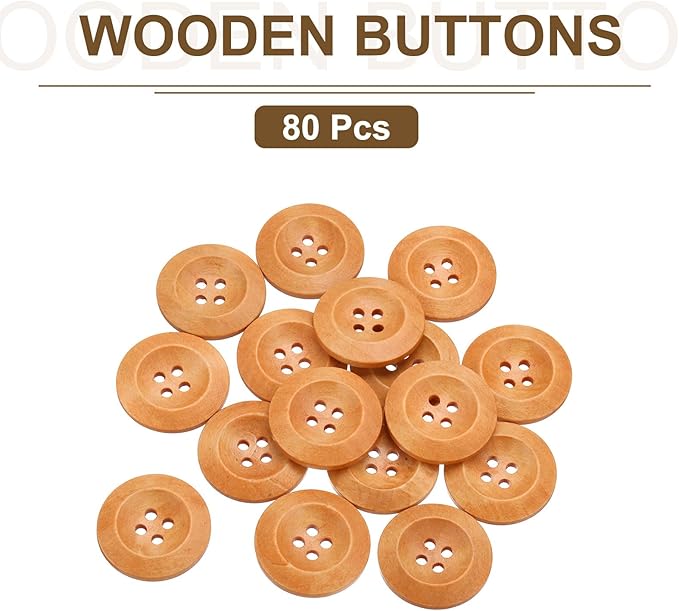 uxcell 80Pcs Wooden Buttons, 25mm(1") 4 Hole Round Wood Sewing Button Craft for Sewing DIY Craft Clothing, Light Brown