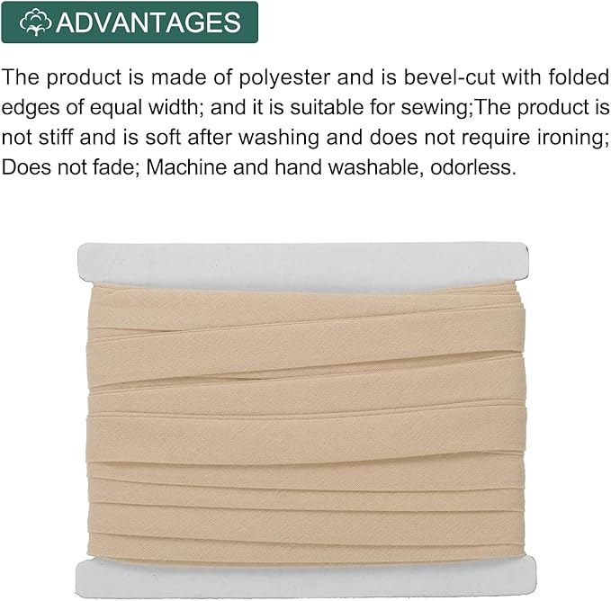 MECCANIXITY 1/2 Inch Double Fold Bias Tape Continuous Bulk Cotton Bias Tape for Sewing Seaming Quilting Hemming Binding Crafts (Khaki 6 Yards)