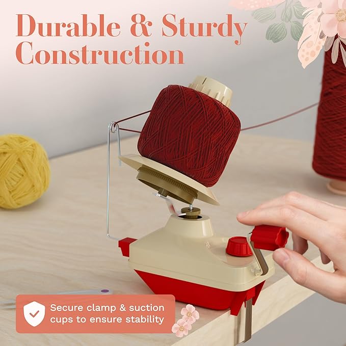 ClarArti Yarn Ball Winder for Crocheting, Knitting, & Other Yarn Crafts | Quick, Quiet, Creates Yarn Balls & Yarn Cakes | Medium Capacity, Can Handle Average Size Yarn Skeins (Red/White)