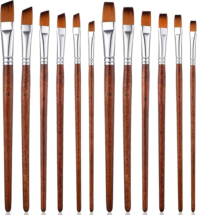 12 PCS Watercolor Brushes Professional, 6 Flat Painting Brushes and 6 Angled Paint Brush for Acrylic Paint, Different Sizes Face Painting Brush for Craft Artists Oil Gouache Beginners
