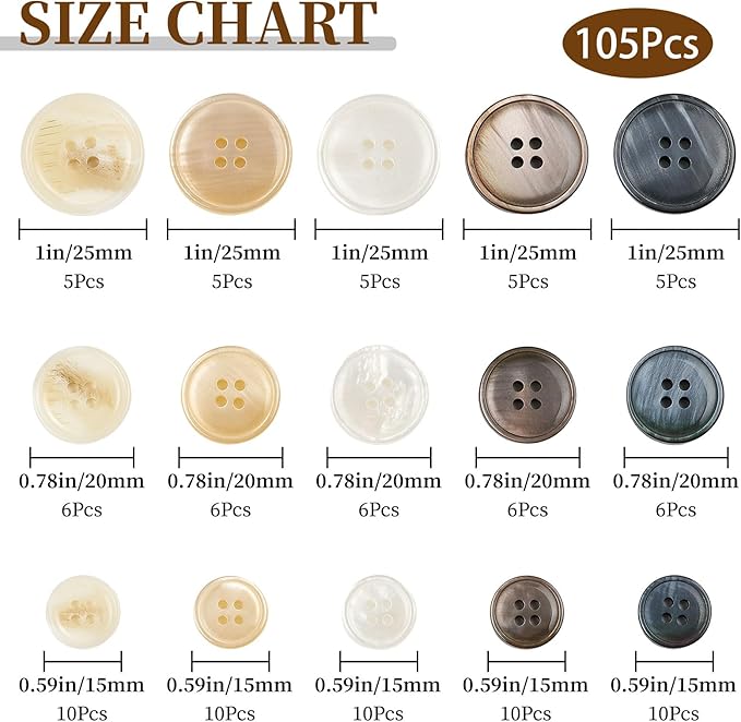105Pcs Mixed Sewing Buttons,5 Color 4-Hole Craft Buttons,3 Size (15mm, 20mm, 25mm) Sewing Buttons for Clothes, Suitable for for DIY Crafts, Coats, Shirts, Pants, Shorts（Color5）