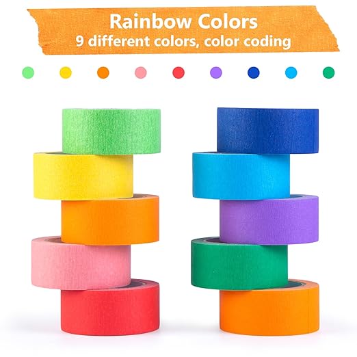 Koogel 10 Rolls Rainbow Washi Masking Tape, 1-Inch Colored Craft Tapes for Teachers, Classroom Decorations, Kids Crafts & Bulletin Boards, Colorful Art Tape for Labeling, Decorating, School Supplies