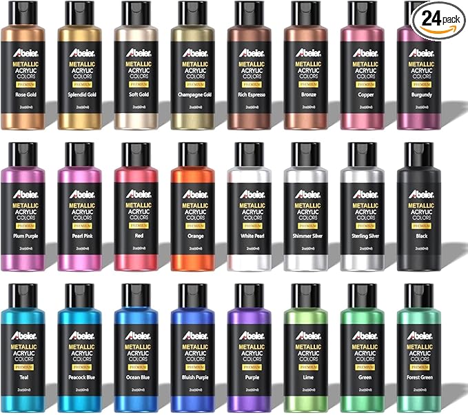 ABEIER Metallic Acrylic Paint, Set of 24 Metallic Colors in 2oz/60ml Bottle, Rich Pigments, Non Fading, Non Toxic Paints for Artist, Beginners & Kids Painting on Rocks Crafts Canvas Wood, Fabric&Stone