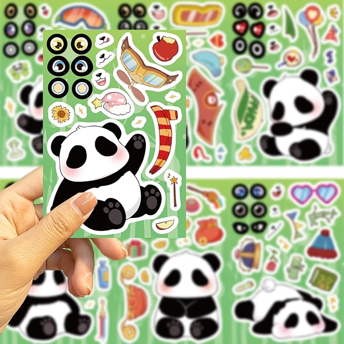 24 Sheets Panda Make a Face Stickers, Mix & Match Facial Feature Decals, Waterproof Vinyl Animal Stickers for Journaling Scrapbooking and Creative Collage