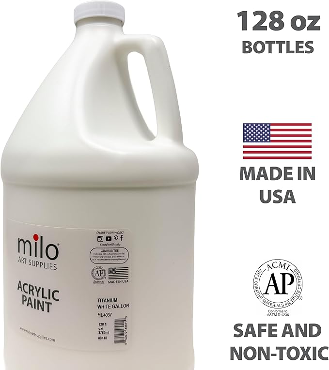 milo Titanium White Acrylic Paint | 128 oz (1 Gallon) Supply | AP Certified Non-Toxic, Made in USA | Essential Bulk Art Paint for Classroom, Studio, All Artists