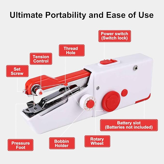 Handheld Sewing Machine, Hand Sewing Machine, Portable and Easy-to-Use, Battery and USB Operated, Ideal for Beginners and Home Use White