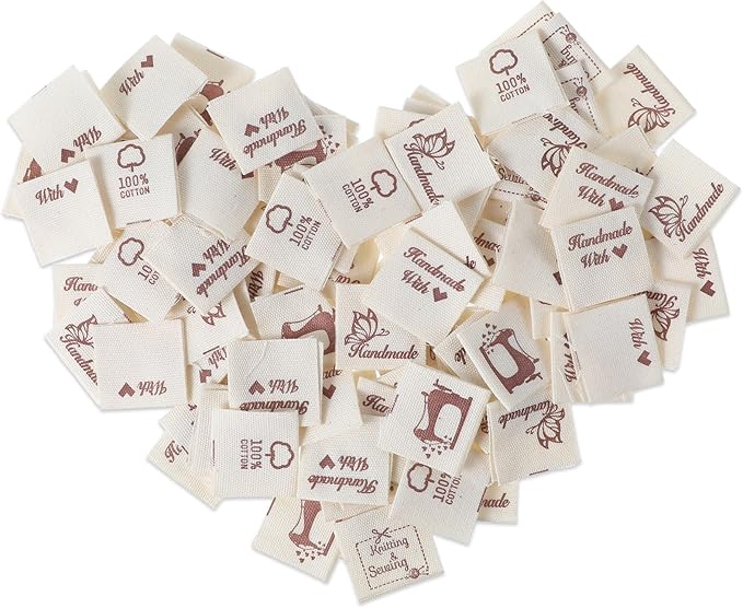 100 Pcs Fabric Tags for Handmade Items, Cute Sewing Labels with Love Labels, Beige Crochet Tags Sew on Clothing, Sewing Fabric Label for DIY Crafts Knitting Crocheting