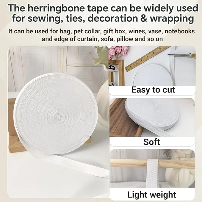White Herringbone Twill Tape Ribbon 3/4 inch for Sewing,Ties,Gift Wrapping Home Deco - 40 Yards Natural Fabric Cotton Webbing Straps- Bias Binding Tape for Handles, Hoodie, DIY Crafts &Projects