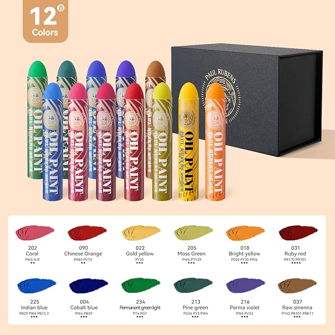 Paul Rubens Large Oil Pastels Set - 12 Colors B (0.79" x 4.72" Jumbo Sticks), Vibrant Colors, Creamy Texture and Blends Easily for Artists, Students and Professionals, Ideal for Filling in Large Areas