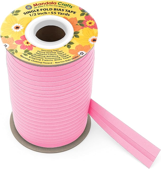Mandala Crafts 1/2 Inch Single Fold Bias Tape for Sewing, Quilting, Piping, Hemming, Blanket & Quilt Binding – 55 Yards Pink Fabric Seam Binding Tape