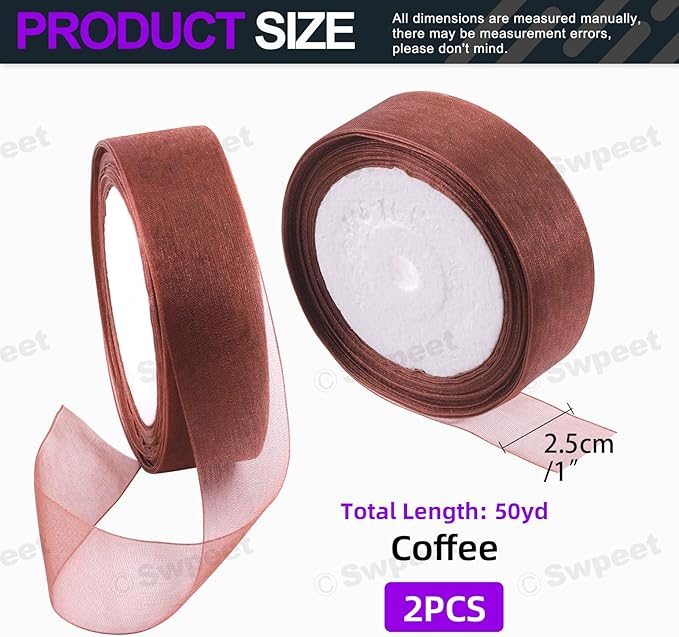 Swpeet 2 Rolls 50 Yards x 1 Inch Deep Coffee Color Shimmer Sheer Fabric Ribbons Organza Ribbon, Transparent Sheer Ribbon Chiffon Fabric Ribbons for Bouquets Wedding Birthday Decoration