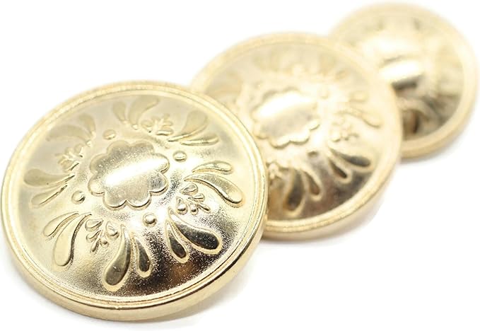 Gold Metal Shank Buttons - 12 Pcs - 3 Size Options - Floral Round Metal Shank Buttons for Men Women Blazer Coat Uniform Shirt Suit and Jacket Sewing Craft DIY N3702