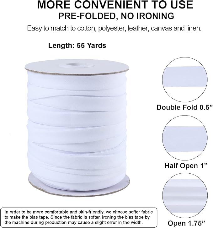 Bias Tape Double Fold 1/2 inch, Double Fold Bias Binding Tape 55 Yards (White) and 4 Pieces Sewing Fabric Chalks for Crafts, Sewing, Seaming, Hemming, Piping, Quilting.