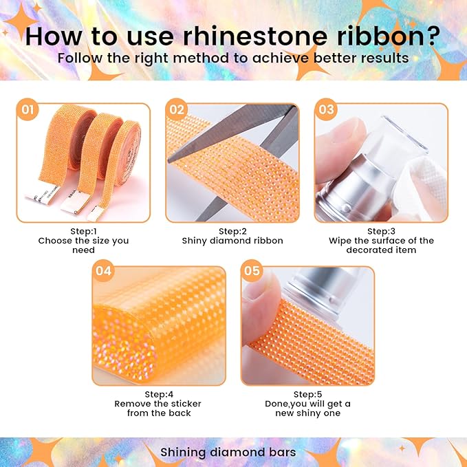 Novani Self Adhesive Rhinestone Ribbon, 0.39 Inch Wide 3 Yards 1 Roll, Orange AB Diamond Bling Strips for DIY Crafts, Glitter Resin Rhinestones Tape for Crafting, Car Decoration