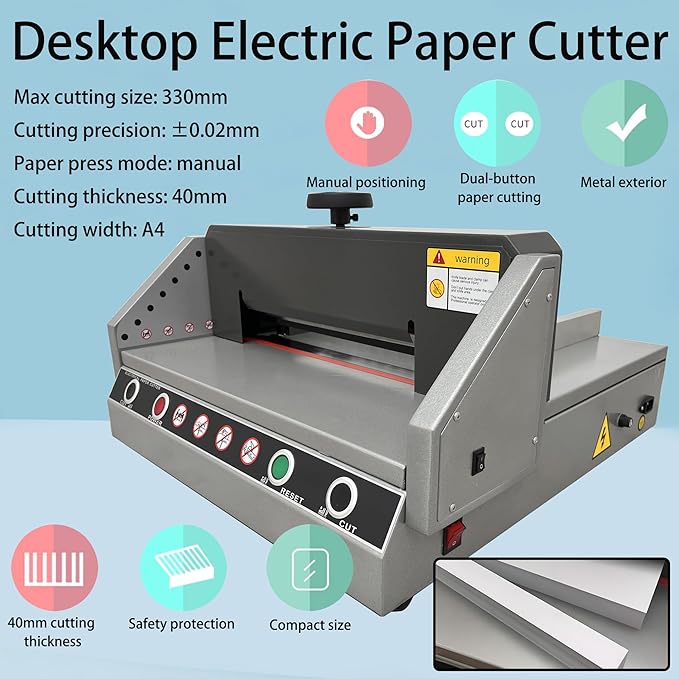 Electric Paper Cutter, Desktop Paper Trimmer 330mm A4-40mm Cutting Thickness Max Cutting Size 330mm, ±0.02mm Precision, 120W 110V Two-Hand Operation for Books Pictures Files Cutting