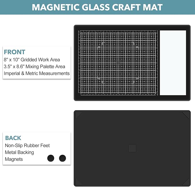 2PcsMagnetic Glass Craft Mat and Non-Stick Craft Mat Set Heat Resistant Glass Media Cutting Mat W/Magnets Gridlines and Measurements; for Stamping, Ink Blending, Stenciling Scrapbooking Craft Project