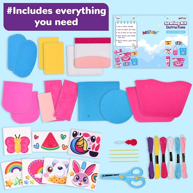 MGparty Sewing Kit for Kids, DIY Beginner Sewing Kit with 7 Cute Cartoon Bags Purses to Make Unicorn, Bunny, Bear, Rainbow Crafts for Girls Boys Educational Sewing Toy Gift
